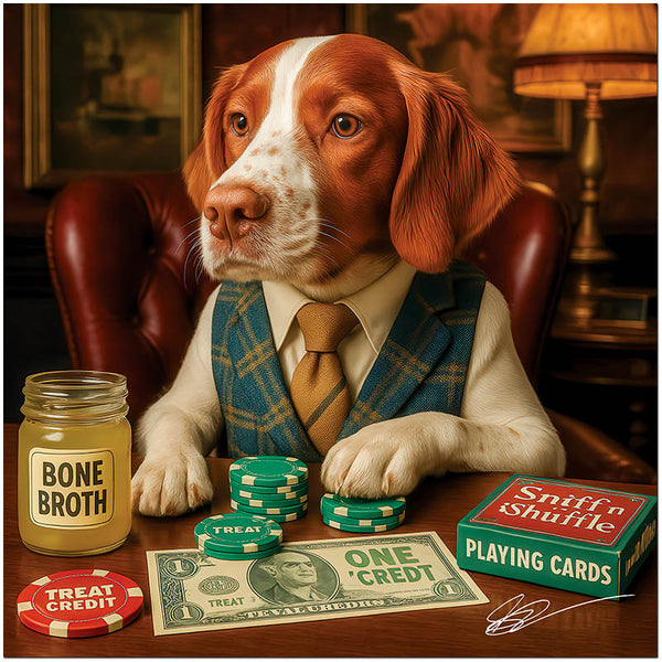 Playful Brittany dog at casino table with chips, cards, and bone broth humorous artwork