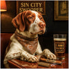 Sophisticated Brittany dog at bar table with drink and cigars, humorous canine artwork