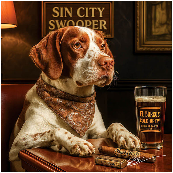 Sophisticated Brittany dog at bar table with drink and cigars, humorous canine artwork