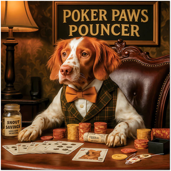 Brittany dog playing poker with chips and cards, sophisticated canine artwork