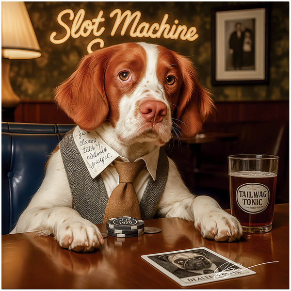 Brittany dog at casino table with chips and drink, canine gambling artwork