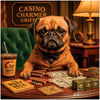 Brussels Griffon dog wearing bowtie at casino table with money and casino chips