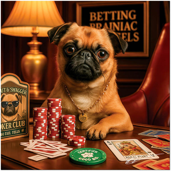 Brussels Griffon dog playing poker surrounded by poker chips and playing cards