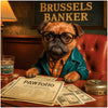 Brussels Griffon dressed as banker reviewing investment papers and drink