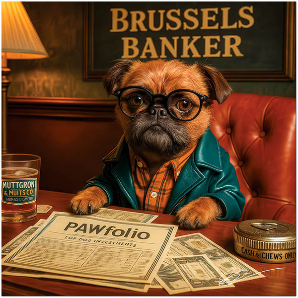 Brussels Griffon dressed as banker reviewing investment papers and drink