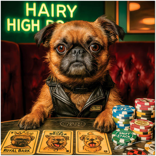 Brussels Griffon dog at poker table with winning cards and casino chips