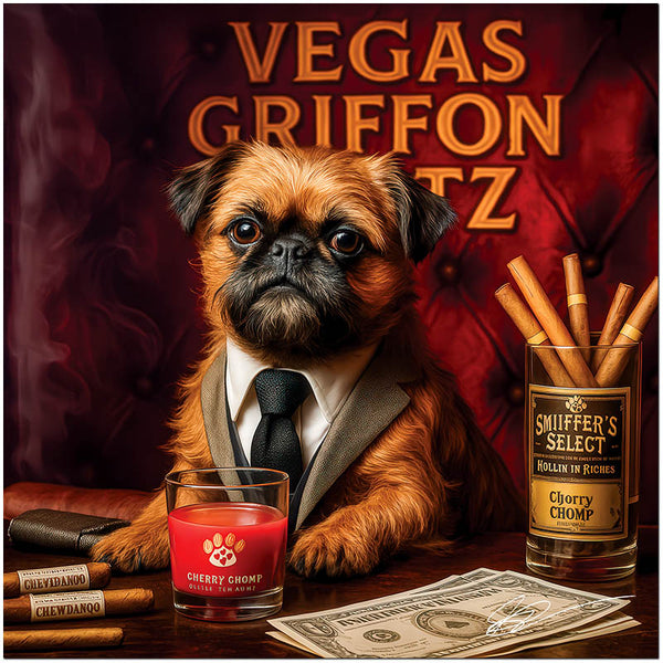 Brussels Griffon dog enjoying luxury cigars and cocktails in a Vegas-style lounge