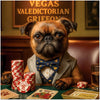 Brussels Griffon dog wearing bow tie and suit, sitting at poker table with poker chips