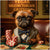 Brussels Griffon dog wearing bow tie and suit, sitting at poker table with poker chips