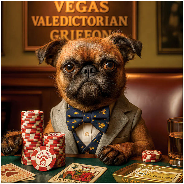 Brussels Griffon dog wearing bow tie and suit, sitting at poker table with poker chips