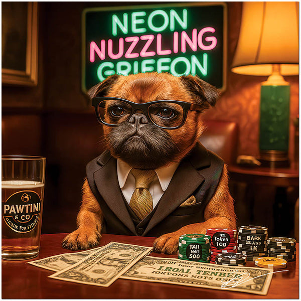 Neon Nuzzling Griffon Brussels Griffon dog wearing glasses and suit at casino table with poker chips and drink