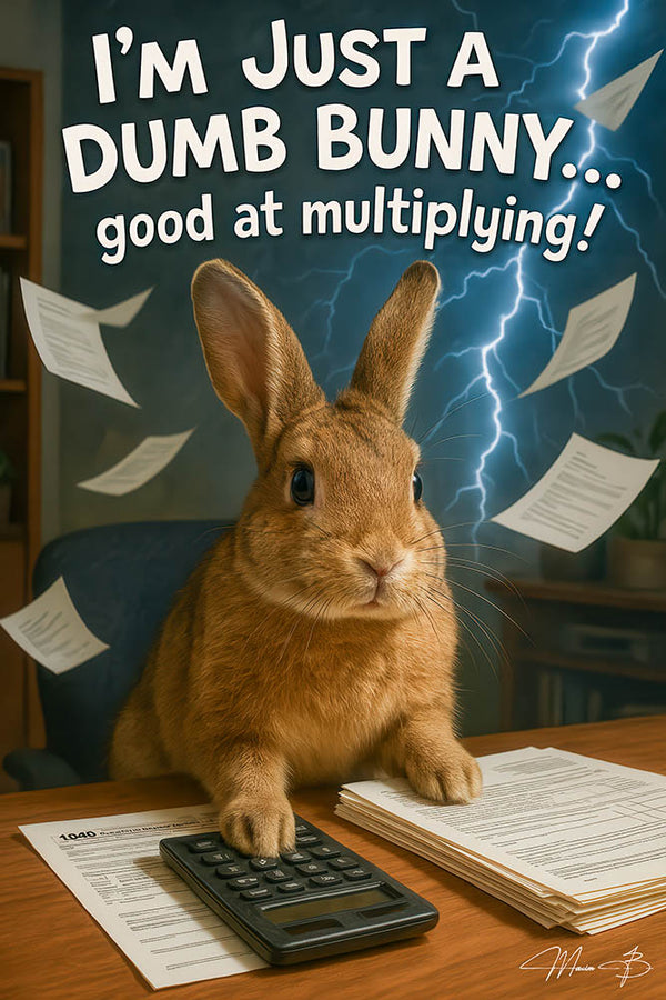 Humorous accountant bunny calculating taxes metal wall art print