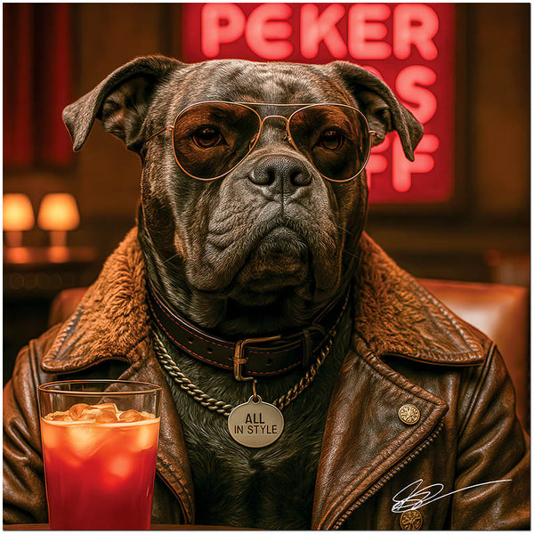 Poker Vegas Bluf Cane Corso dog wearing sunglasses and leather jacket at poker table