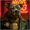 Neon King Cane Corso dog portrait with neon lights, leather jacket, and gold chain
