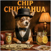 Chip Chihuahua dog dressed stylishly in bow tie and top hat in bar casino scene