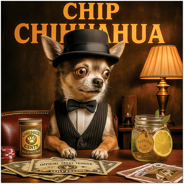 Chip Chihuahua dog dressed stylishly in bow tie and top hat in bar casino scene