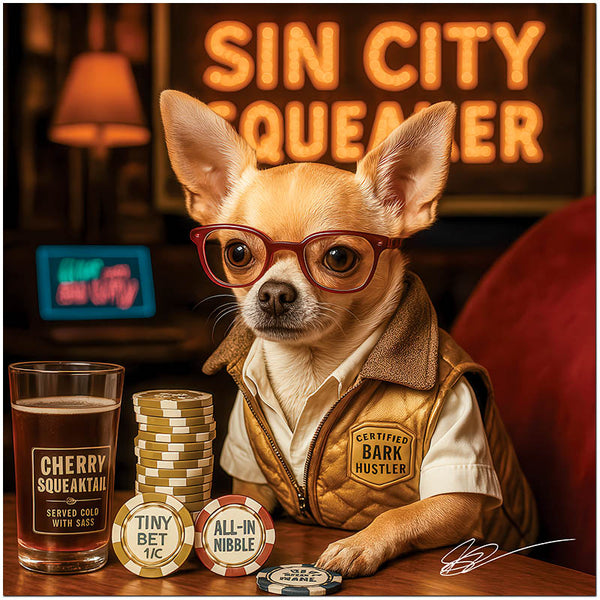 Sin City Squeaker Chihuahua with glasses playing poker in Vegas-style bar