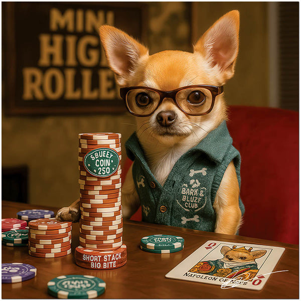 Mini High Roller Chihuahua wearing glasses at poker table with stacked chips