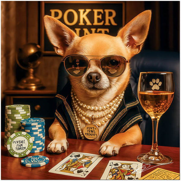 Poker Pint Chihuahua wearing sunglasses and pearls at a poker table with a drink