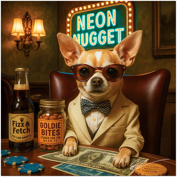 Neon Nugget Chihuahua wearing vintage glasses and suit with neon sign