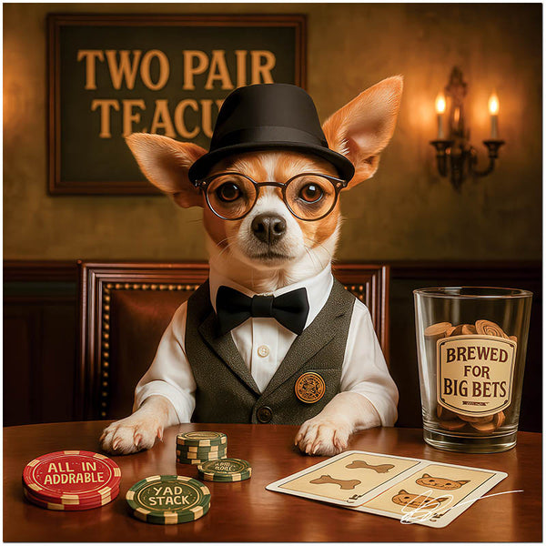 Two Pair Teacup Chihuahua wearing bowtie and glasses at poker table