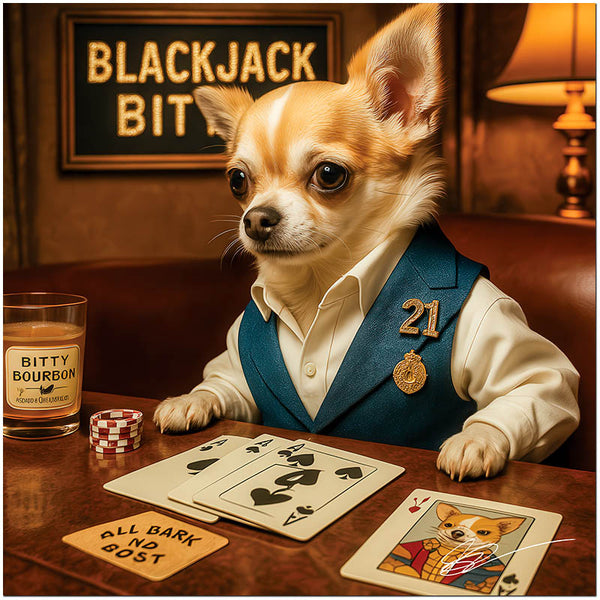 Blackjack Bitty Chihuahua at casino blackjack table with bourbon glass
