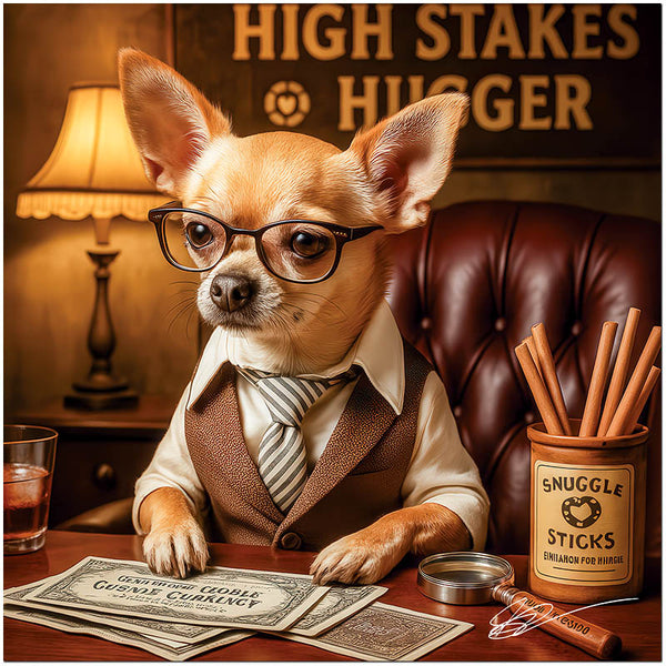 High Stakes Hugger Chihuahua playing poker with glasses and snuggle sticks