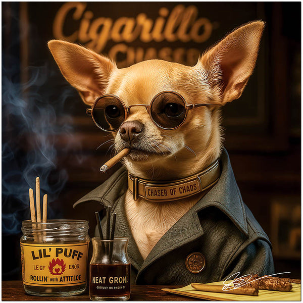 Cigarillo Chaser Chihuahua with sunglasses and cigar in vintage lounge