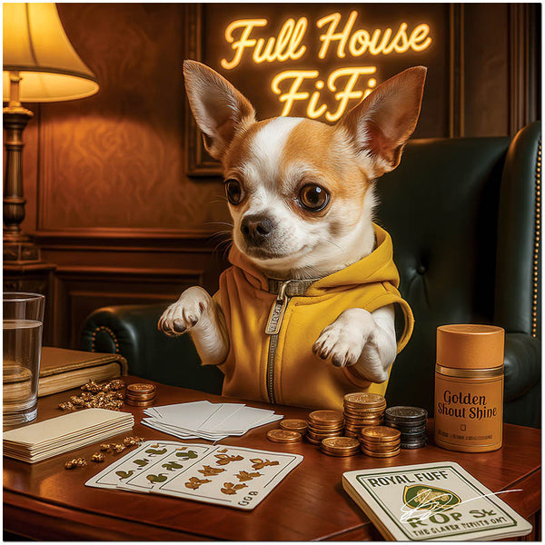 Full House FiFi Chihuahua playing poker in hoodie
