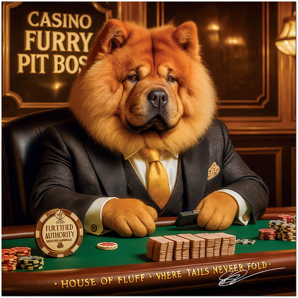 Chow Chow dressed as a sophisticated Casino Furry Pit Boss at a poker table