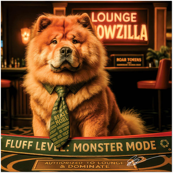 Chow Chow dog Vegas sitting proudly at lounge bar with humorous monster-level fluff sign