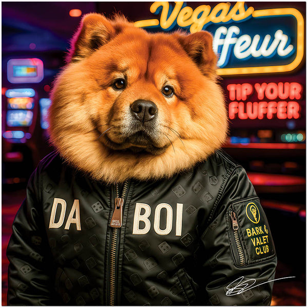 Chow Chow dog Vegas Chowffeur wearing Da Boi jacket in neon-lit casino