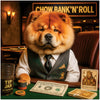 Chow Chow dog dressed as casino banker Chow Bank'n'Roll in humorous Vegas setting