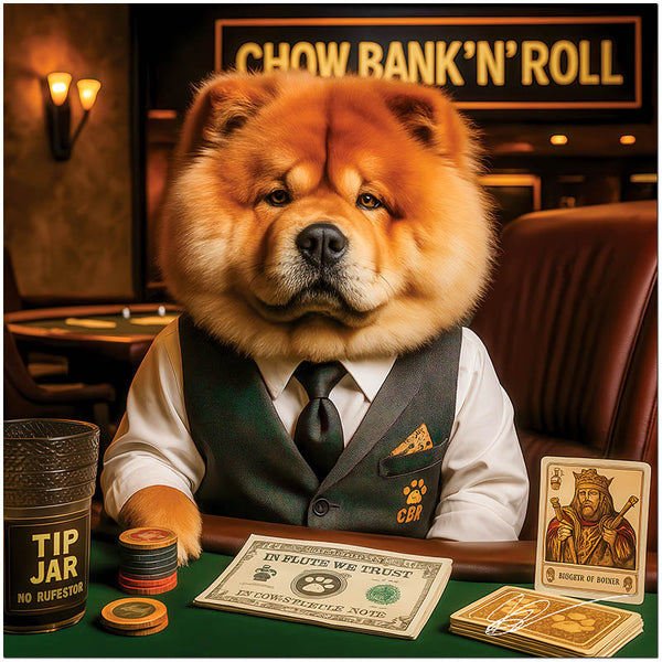Chow Chow dog dressed as casino banker Chow Bank'n'Roll in humorous Vegas setting