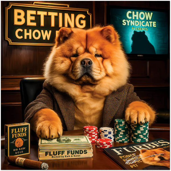 Chow Chow dog as Betting Chow Boss seated at casino betting table humorous canine art scene