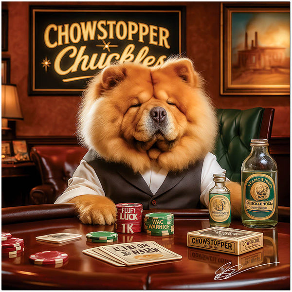Chow Chow named Chowstopper Chuckles dressed stylishly in humorous casino setting canine metal art print