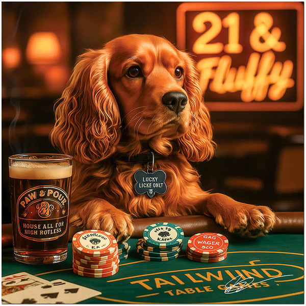 Funny Cocker Spaniel dog playing poker at casino table with drink humorous metal print