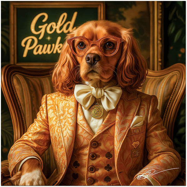 Elegant Cocker Spaniel in gold suit with stylish glasses humorous casino dog metal print
