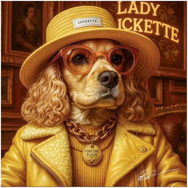 Elegant golden Cocker Spaniel dressed stylishly in glasses and hat casino inspired dog artwork metal print