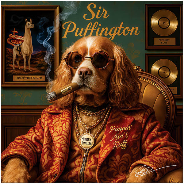 Cocker Spaniel wearing shades and smoking cigar humorous luxury dog metal print artwork