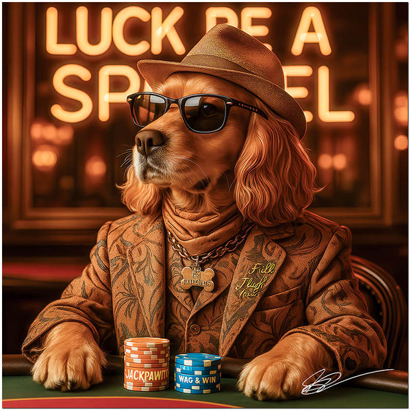 Stylish Cocker Spaniel wearing sunglasses and hat at casino poker table humorous dog art metal print