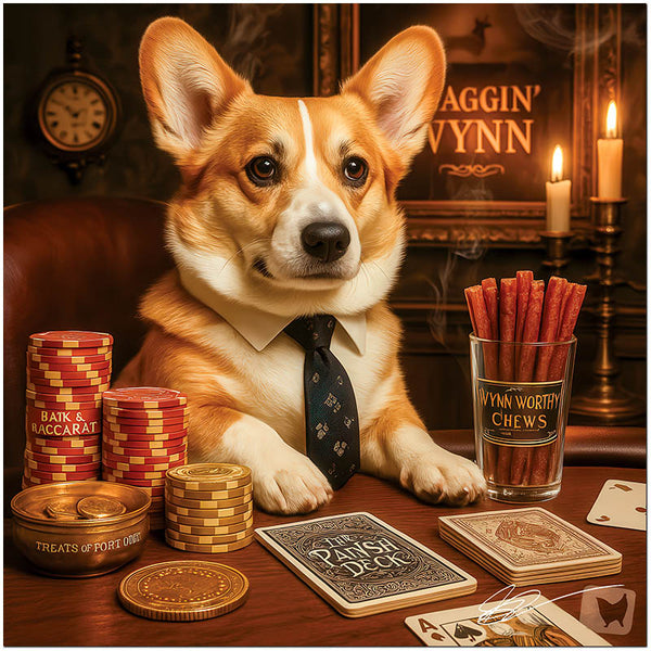Sophisticated corgi wearing a tie at luxurious casino table with snacks and poker chips metal print