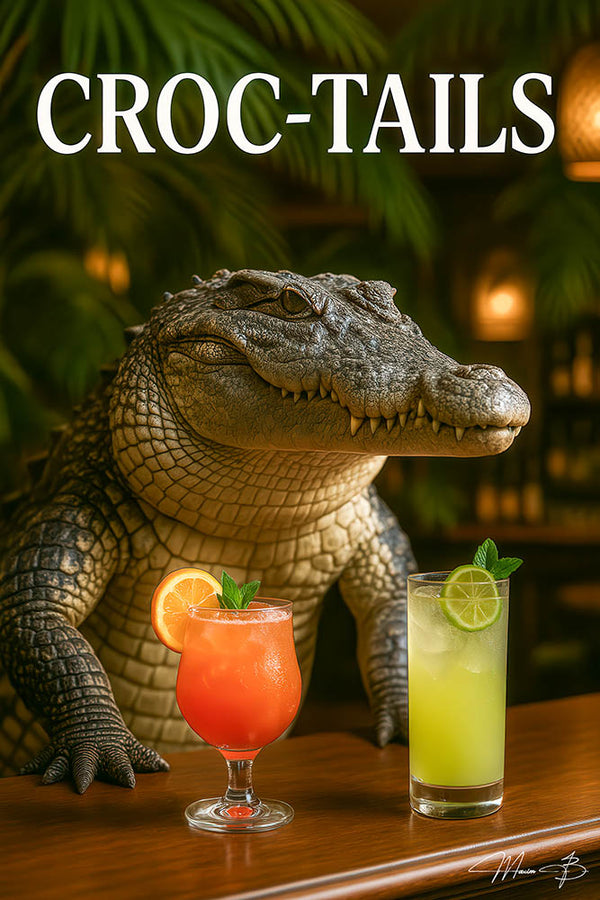 Friendly crocodile bartender serving tropical cocktails metal print wall art
