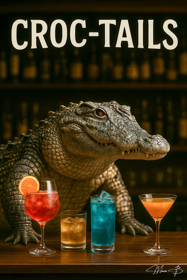 Crocodile bartender serving vibrant cocktails metal print wall art