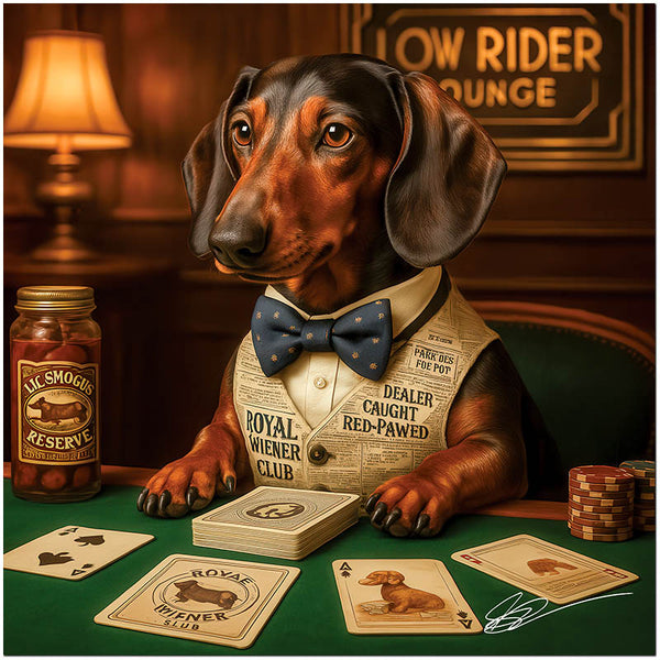 Dachshund in bowtie and vest playing cards in vintage lounge metal print
