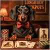 Dachshund wearing bowtie playing poker with whimsical dog-themed cards and chips metal print