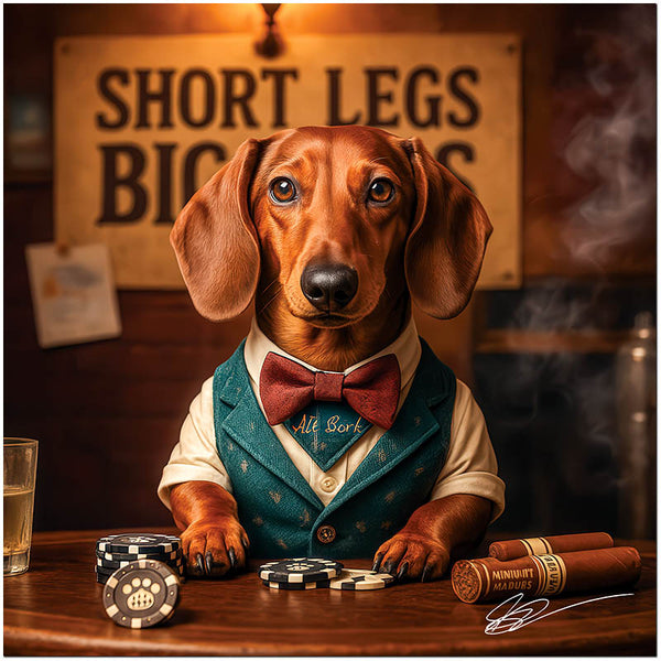 Dachshund in vest and bowtie at poker table with cigars and chips humorous metal wall art