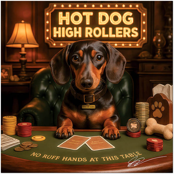 Humorous Dachshund playing poker in casino setting metal wall art