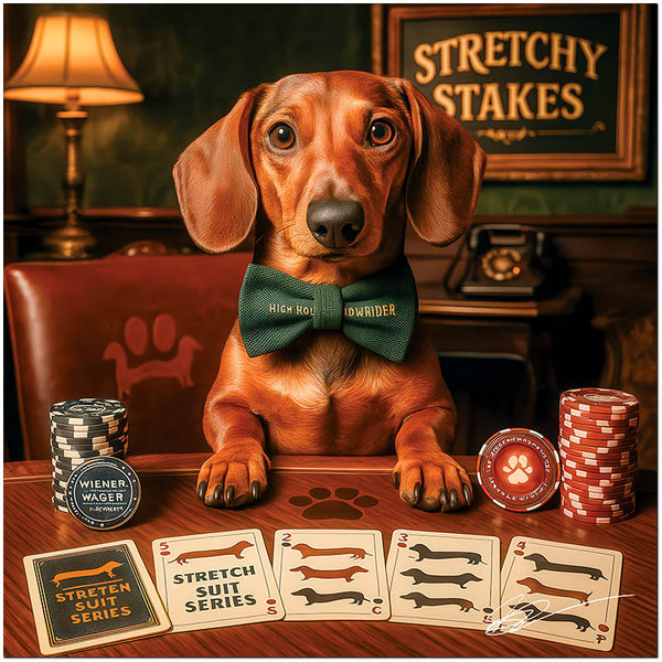 Dachshund playing poker with humorous dog-themed cards and chips metal wall art