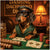 Dachshund dressed as a stylish poker dealer with humorous dog-themed poker chips and cards